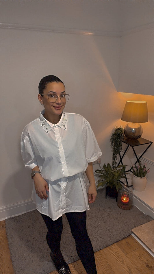 White Diamond Detailed Oversized Shirt/ Shirt Dress (One Size 10-18)