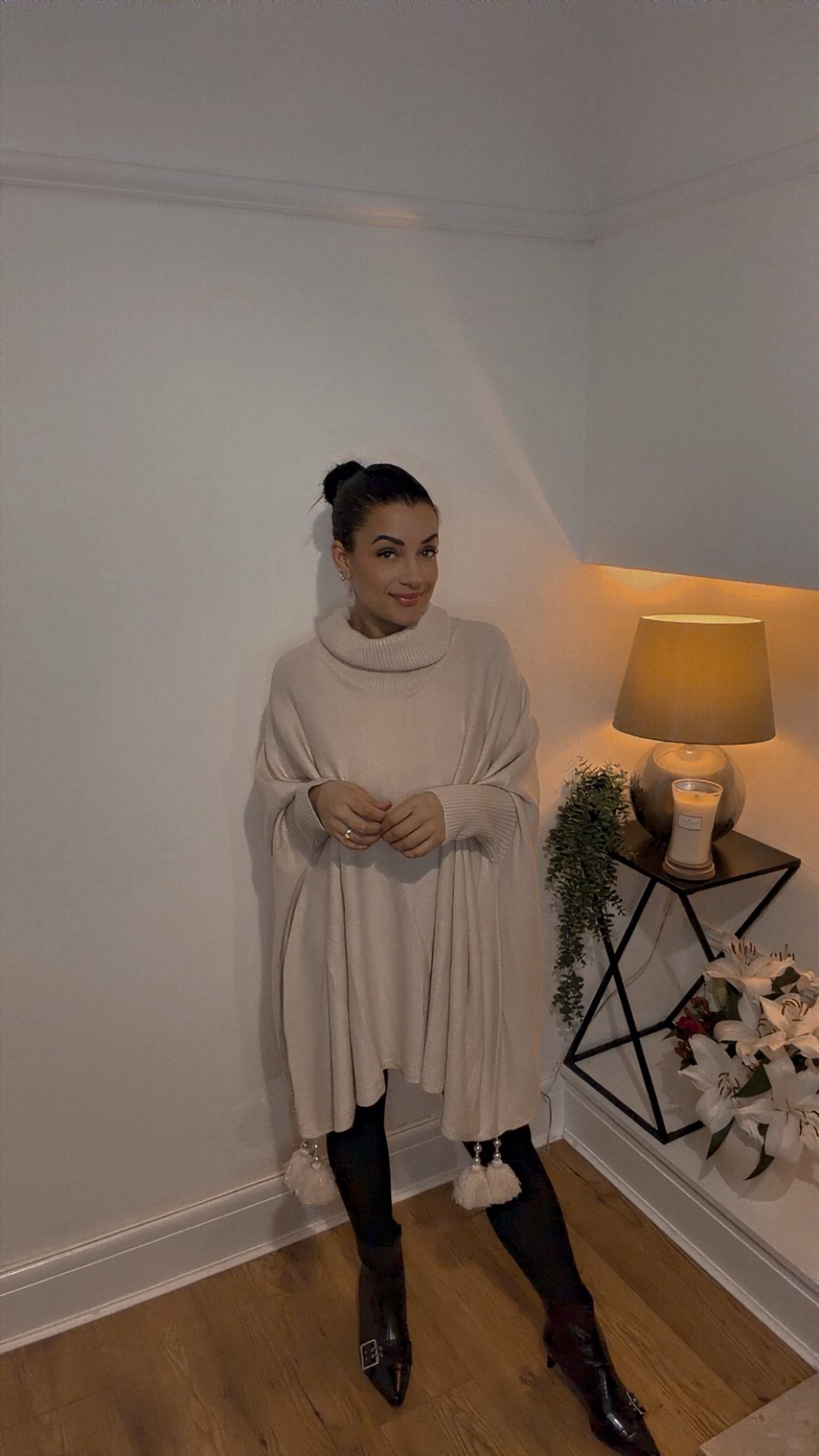 Cream waterfall batwing poncho with pearl detailed pom poms (one size 10-18)