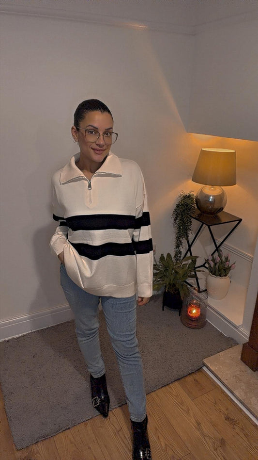 Luxury oversized cream stripped half zip jumper (one size 12-16)