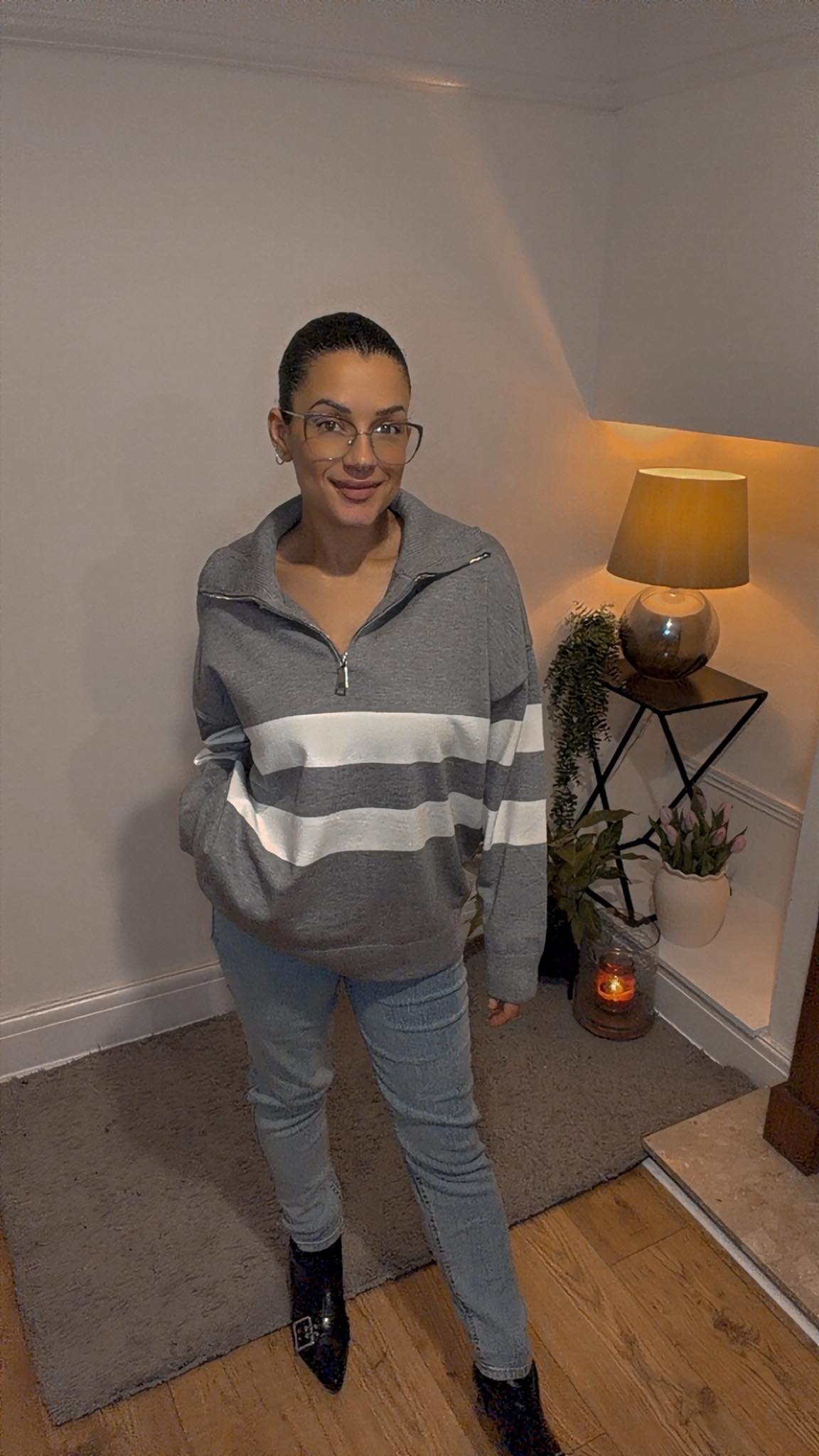 Luxury oversized Grey stripped half zip jumper (one size 12-16)